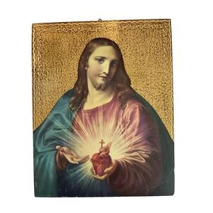 Vtg Wood Wall‎ Plaque Icon Sacred Heart of Jesus Religious Art Gold Gilt 9x12"